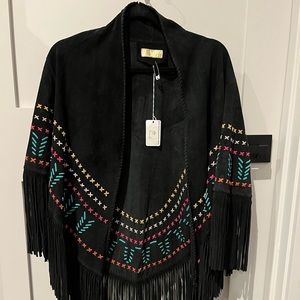 Earth Angel Poncho Jacket w/fringe in Black w/multi-color Stitching